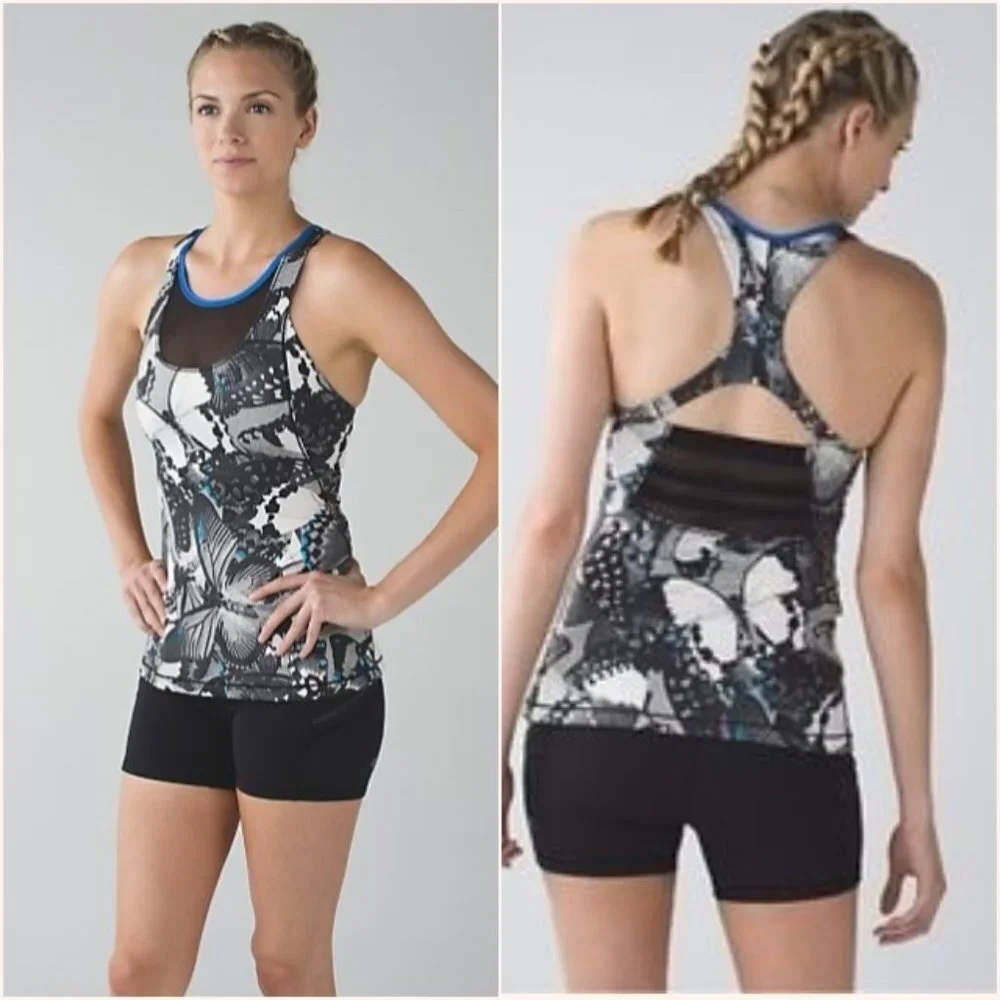 Lululemon Mesh With Me Tank Exploded‎ So Fly Butterfly Wing Print Black/Blue 4